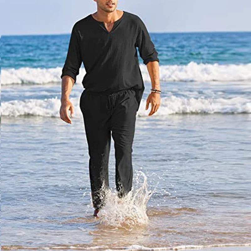 Men's Suit - Cotton Linen - Long-Sleeved Shirt & Lace-Up Trousers - Light and Breathable