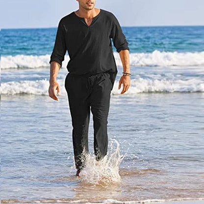 Men's Suit - Cotton Linen - Long-Sleeved Shirt & Lace-Up Trousers - Light and Breathable