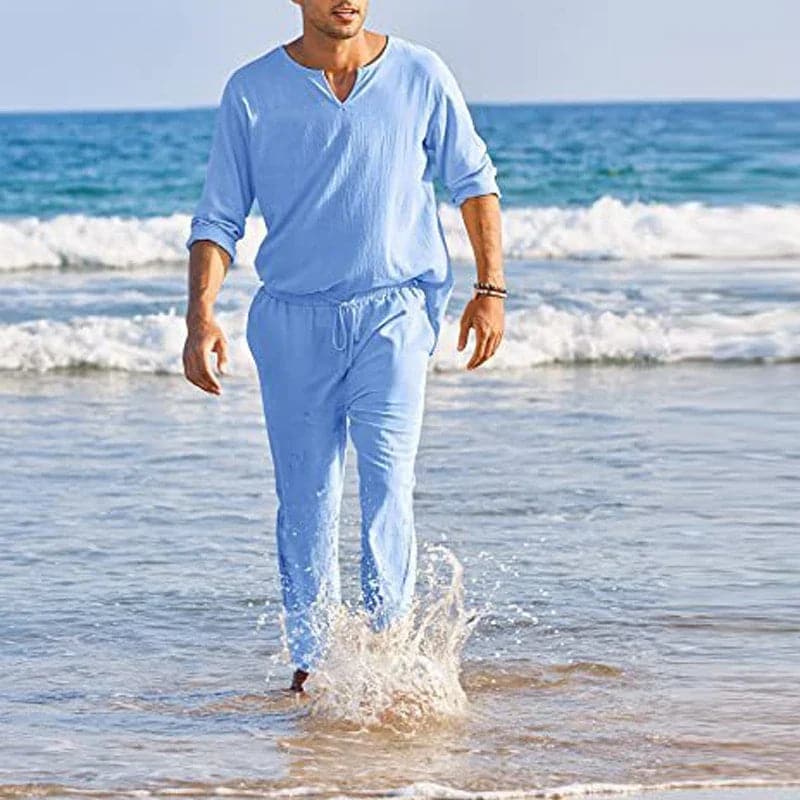 Men's Suit - Cotton Linen - Long-Sleeved Shirt & Lace-Up Trousers - Light and Breathable