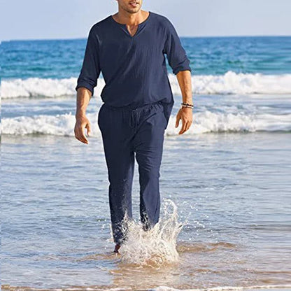 Men's Suit - Cotton Linen - Long-Sleeved Shirt & Lace-Up Trousers - Light and Breathable