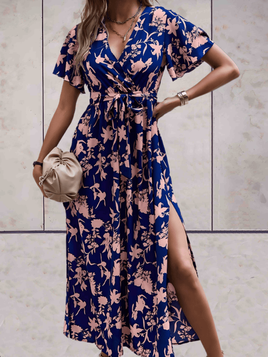 Women's Wrap Dress - V-neck - Short Sleeves - Waist Tie - A-line with Slit