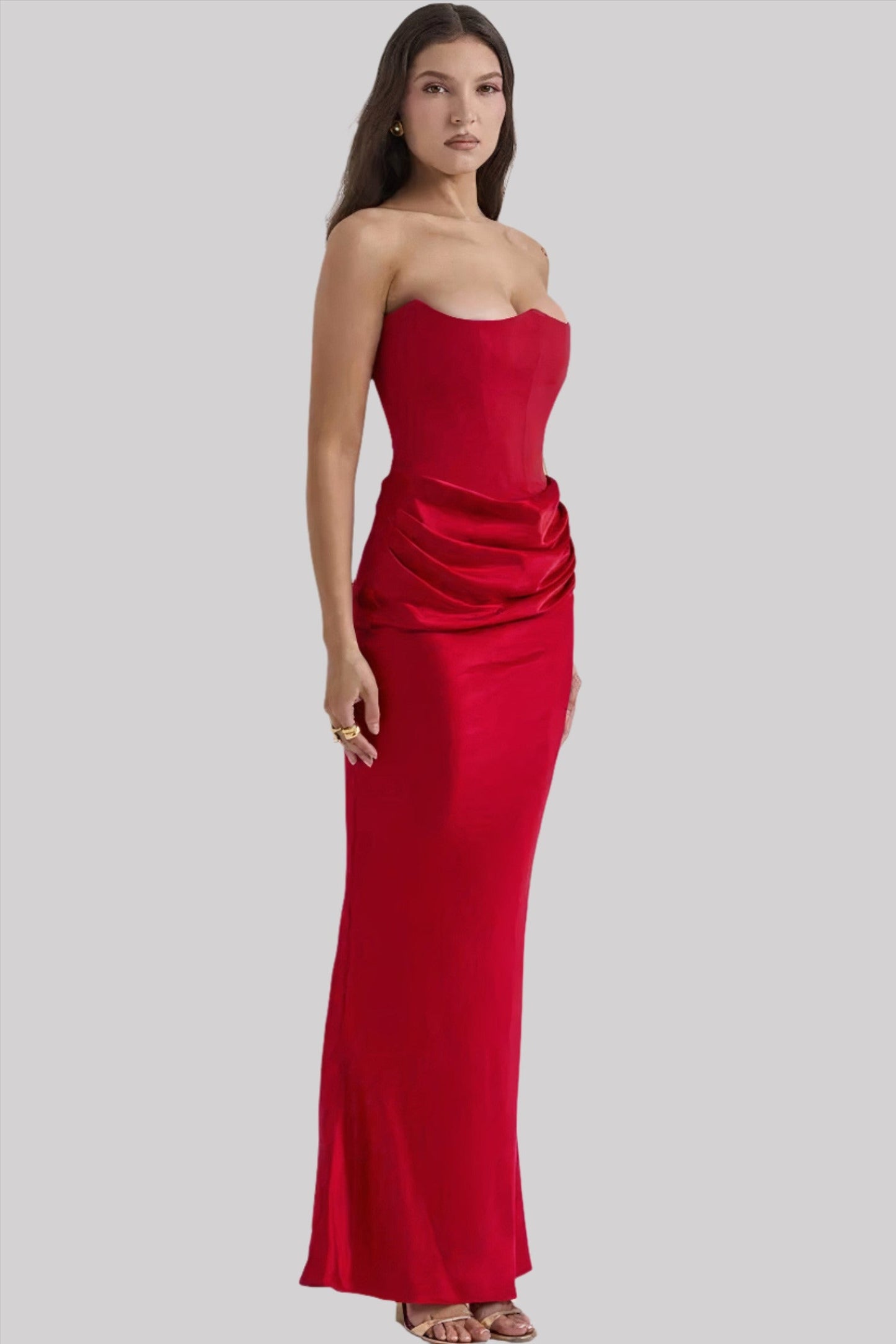 Women's Maxi Dress – Strapless – Elegant Draped Fit – Satin Look – Evening Wear