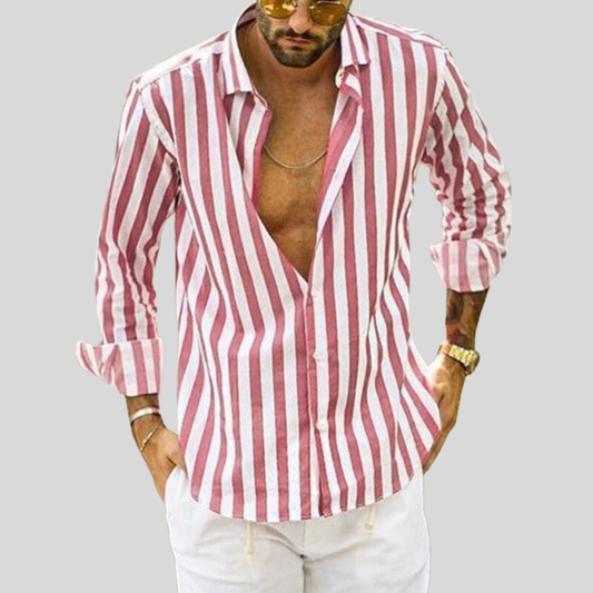 Men's Shirt - Long-Sleeved Striped Design - Breathable Lightweight Fabric - Slim Fit