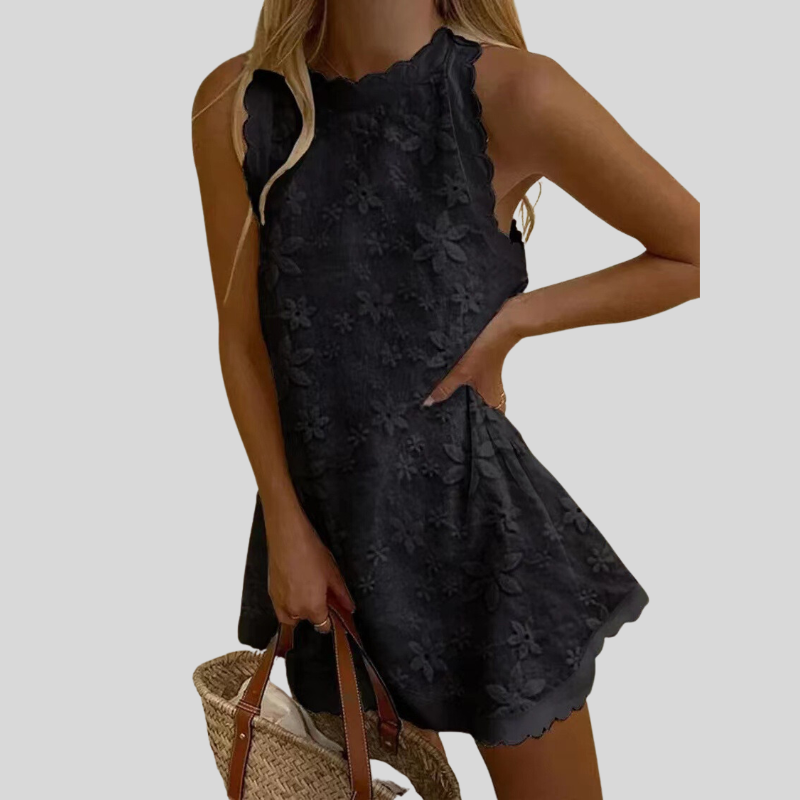 Women Dress - Sleeveless A-line - Floral Embroidery - Sculpted Hem - Light and Airy