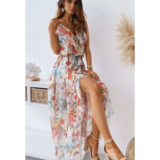 Women's Maxi Dress - Sleeveless with Spaghetti Straps - Ruffle Details - High Slit