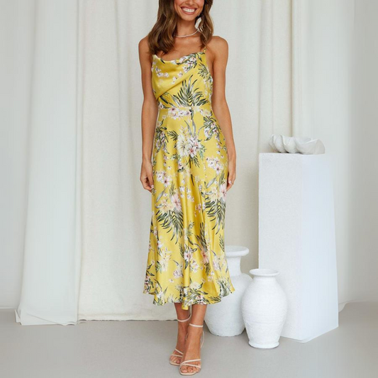 Yaiza - Midi Dress with Slit and Floral Satin Collar - Everything You Need