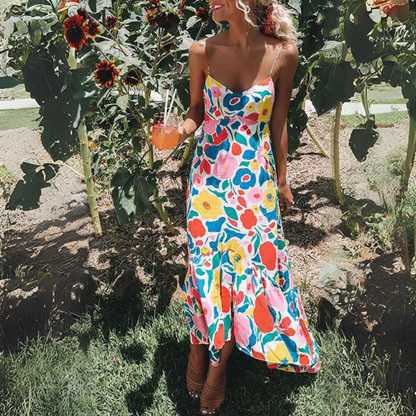 Monica - Meridress Floral Print V-neck Maxi Dress with Straps