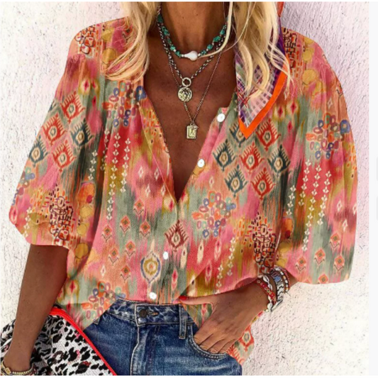 Women's Blouse – Relaxed Fit – Light and Breathable – Puff Sleeves – Button Closure – Deep V-Neck
