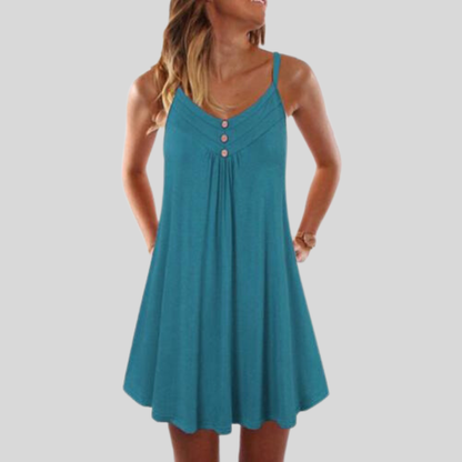 Women's Summer Dress - Sleeveless A-Line - V-Neck with Buttons - Light and Comfortable