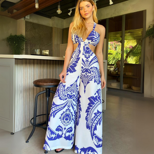 Women's Maxi Dress - Lightweight Fabric - V-Neckline - Cut-Out Sides - Elegant Cut