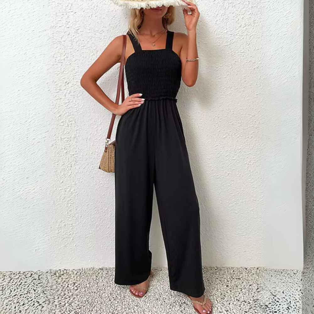 Women's Jumpsuit - Sleeveless with Wide Straps - Smocked Waist - Wide Legs - Light and Breathable