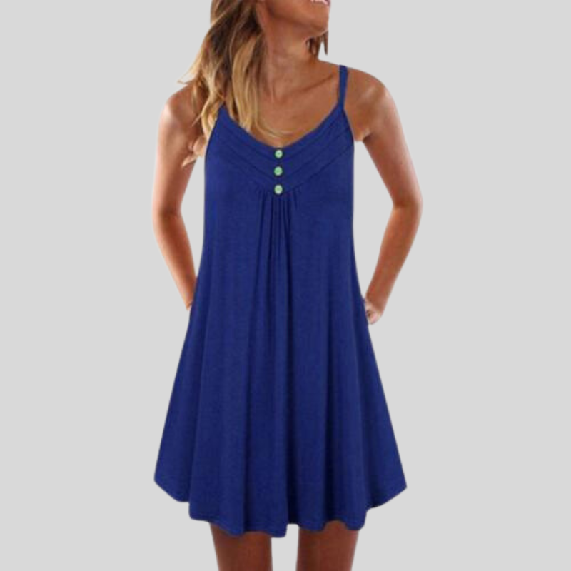 Women's Summer Dress - Sleeveless A-Line - V-Neck with Buttons - Light and Comfortable