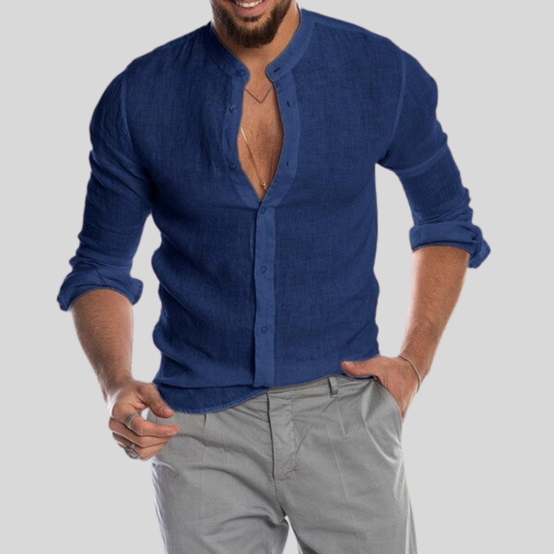 Men's Shirt - Breathable Linen Blend - Relaxed Fit - Mandarin Collar - Long Sleeves