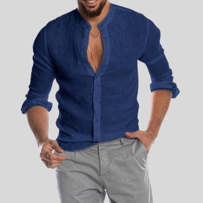 Men's Shirt - Breathable Linen Blend - Relaxed Fit - Mandarin Collar - Long Sleeves