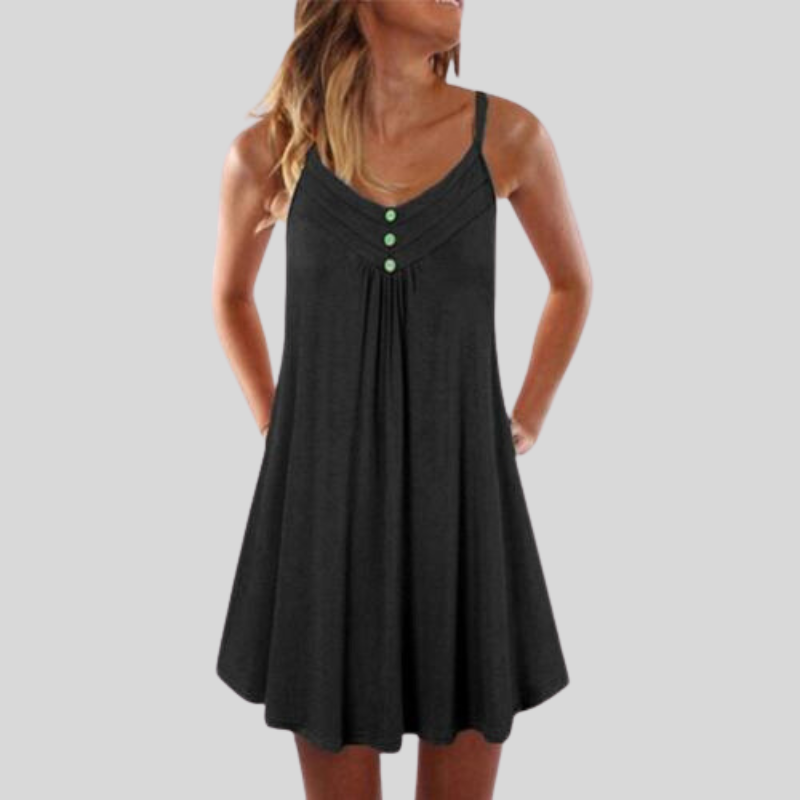 Women's Summer Dress - Sleeveless A-Line - V-Neck with Buttons - Light and Comfortable