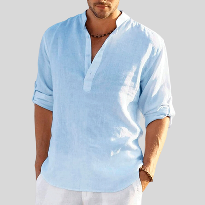 Men's Shirt - Relaxed Fit - Band Collar - Long Sleeve - Light and Breathable