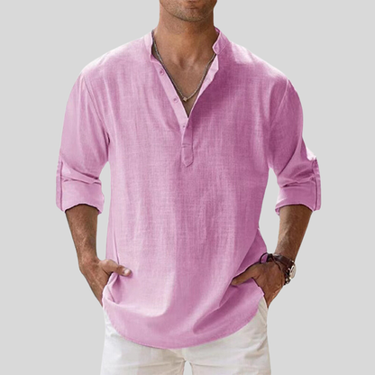 Men's Shirt - Relaxed Fit - Band Collar - Long Sleeve - Light and Breathable