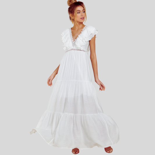 Nala - Elegant long maxi dress with V-neckline and lace