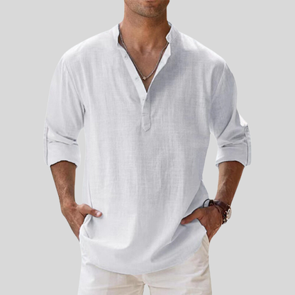 Men's Shirt - Relaxed Fit - Band Collar - Long Sleeve - Light and Breathable