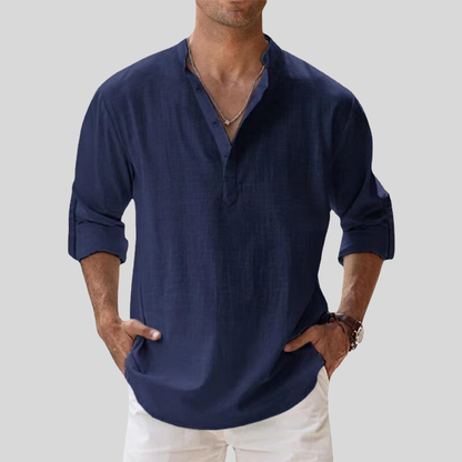Men's Shirt - Relaxed Fit - Band Collar - Long Sleeve - Light and Breathable