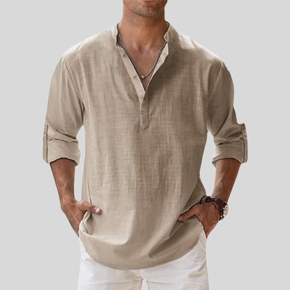 Men's Shirt - Relaxed Fit - Band Collar - Long Sleeve - Light and Breathable