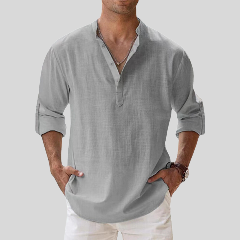 Men's Shirt - Relaxed Fit - Band Collar - Long Sleeve - Light and Breathable