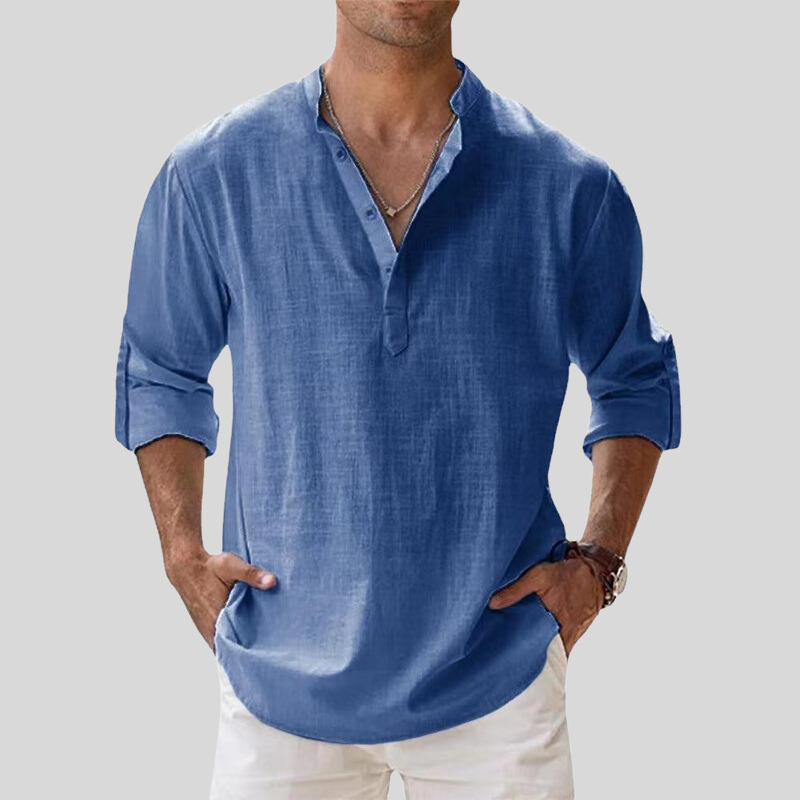 Men's Shirt - Relaxed Fit - Band Collar - Long Sleeve - Light and Breathable