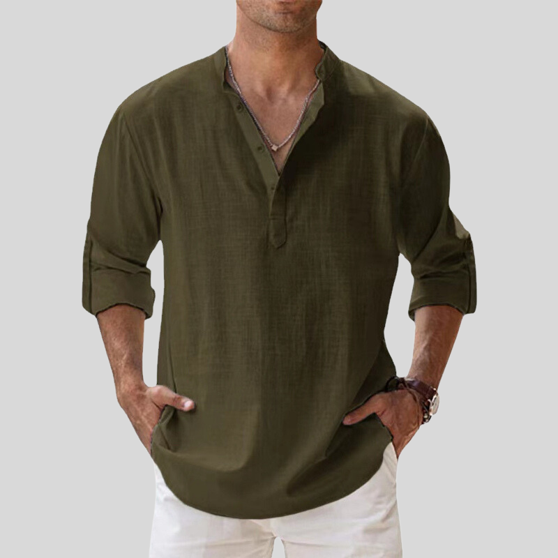 Men's Shirt - Relaxed Fit - Band Collar - Long Sleeve - Light and Breathable