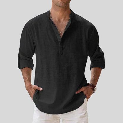Men's Shirt - Relaxed Fit - Band Collar - Long Sleeve - Light and Breathable