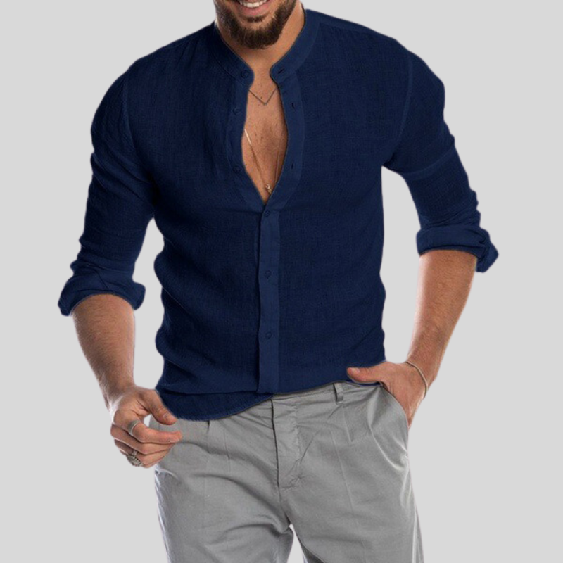 Men's Shirt - Breathable Linen Blend - Relaxed Fit - Mandarin Collar - Long Sleeves
