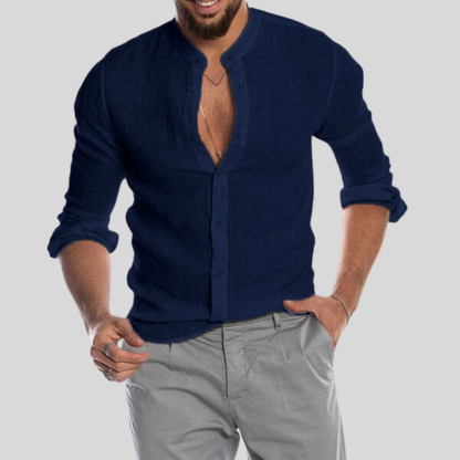 Men's Shirt - Breathable Linen Blend - Relaxed Fit - Mandarin Collar - Long Sleeves