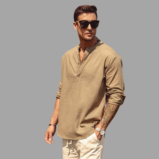 Men's Shirt - Long-Sleeve Henley - Relaxed Fit - Lightweight and Breathable Design