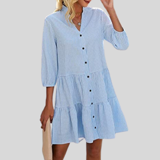 Women's Dress - Cotton - Loose Fit - Checkered Pattern - Button Closure - Knee Length