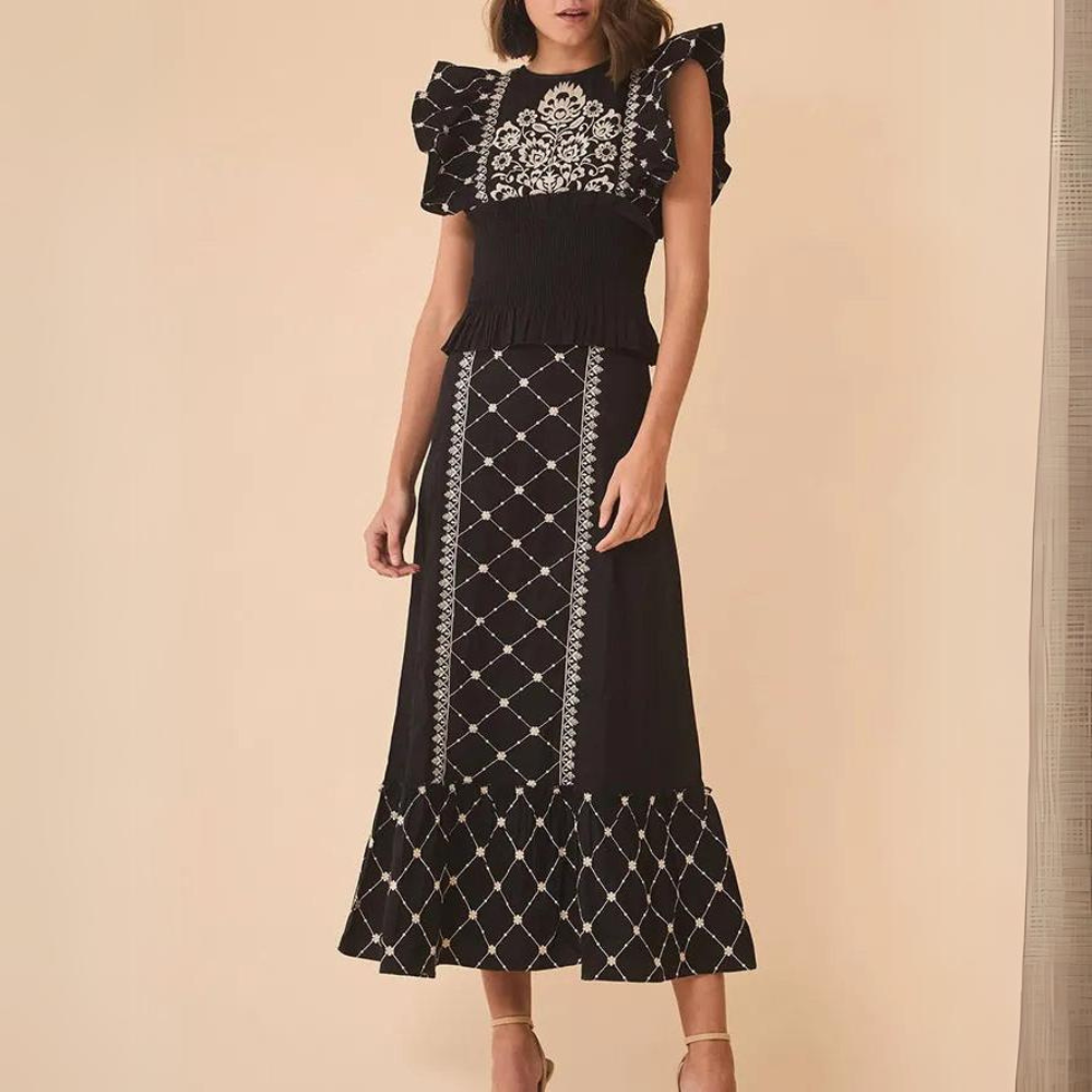 Women's Dress - Embroidered A-line Cut - Midi Length - Ruched Sleeve and Ruffle Hem