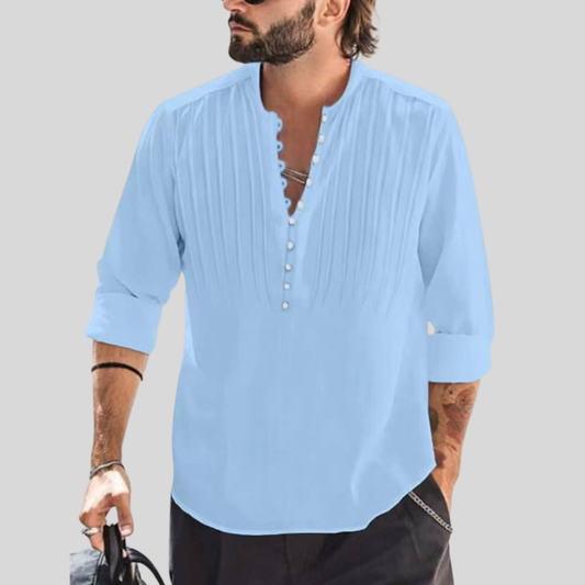 Men's Shirt - Band Collar - Button Closure - Textured Pleats - Relaxed Fit