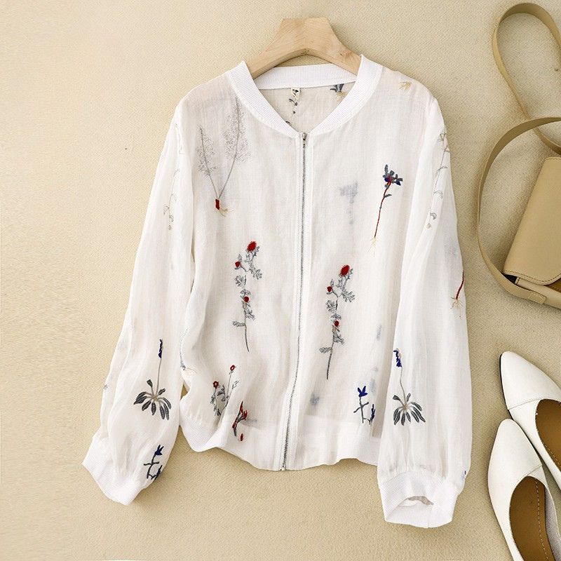 Embroidered Zip-Up Casual Blouse for Women – Lightweight Everyday Elegance