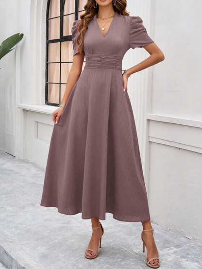 Dress for women – V-neck – Puff sleeves – A-line – Fitted waist – Mid-length