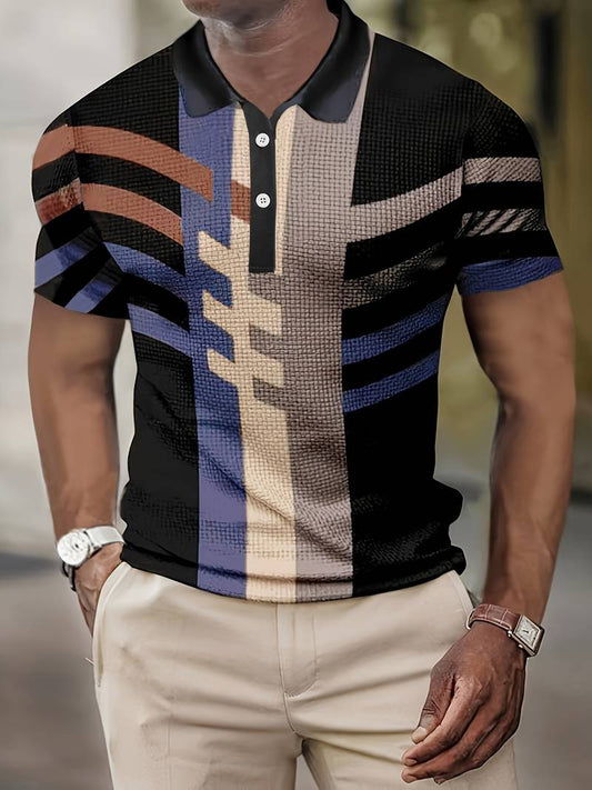 Men's Polo Shirt - Geometric Pattern - Short Sleeve - Textured Fabric - Slim Fit