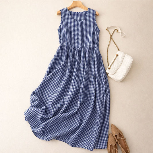 A-Line Sleeveless Check Midi Dress for Women – Stylish Casual Comfort