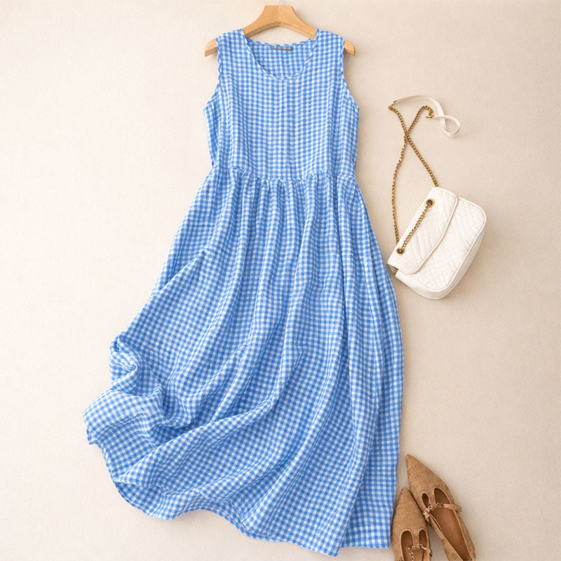 A-Line Sleeveless Check Midi Dress for Women – Stylish Casual Comfort