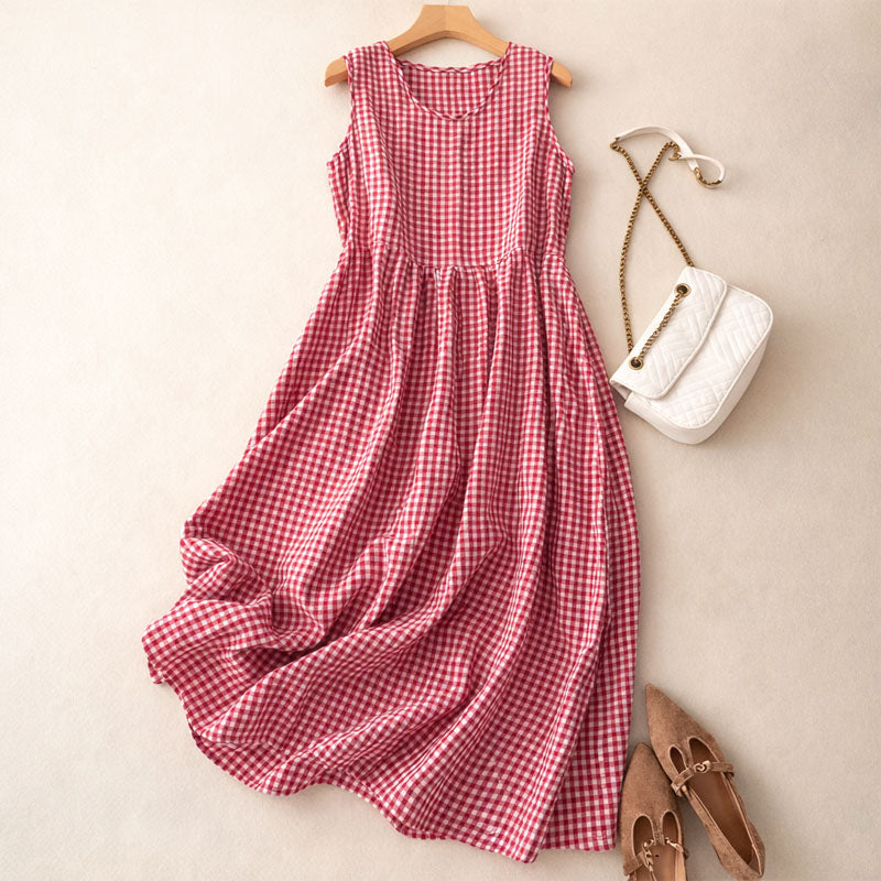 A-Line Sleeveless Check Midi Dress for Women – Stylish Casual Comfort
