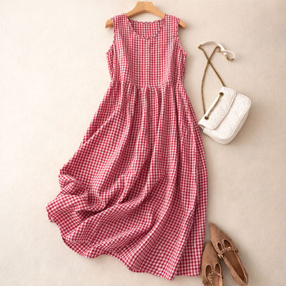 A-Line Sleeveless Check Midi Dress for Women – Stylish Casual Comfort