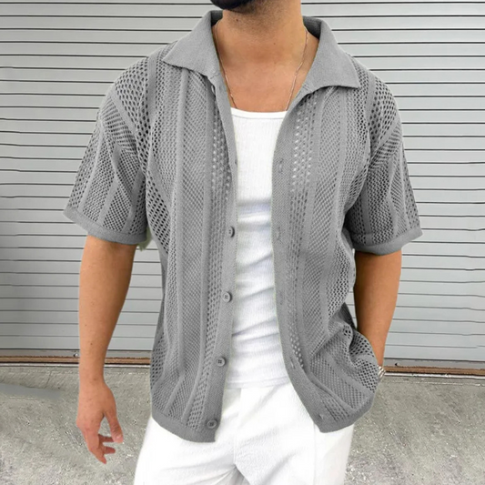 Men's Mesh Knit Shirt - Breathable - Button Closure - Short Sleeve - Casual Fit