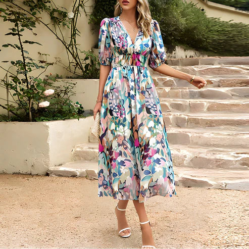 Women's Midi Dress - V-neck - Short Puff Sleeves - Fitted Waist - Floral Design