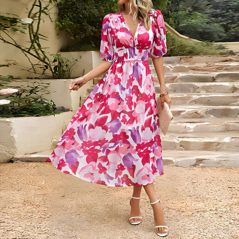Women's Midi Dress - V-neck - Short Puff Sleeves - Fitted Waist - Floral Design