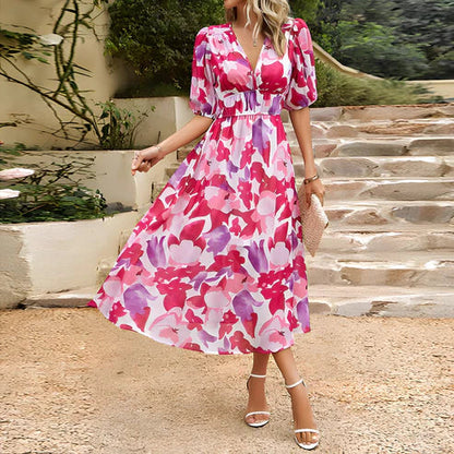 Women's Midi Dress - V-neck - Short Puff Sleeves - Fitted Waist - Floral Design