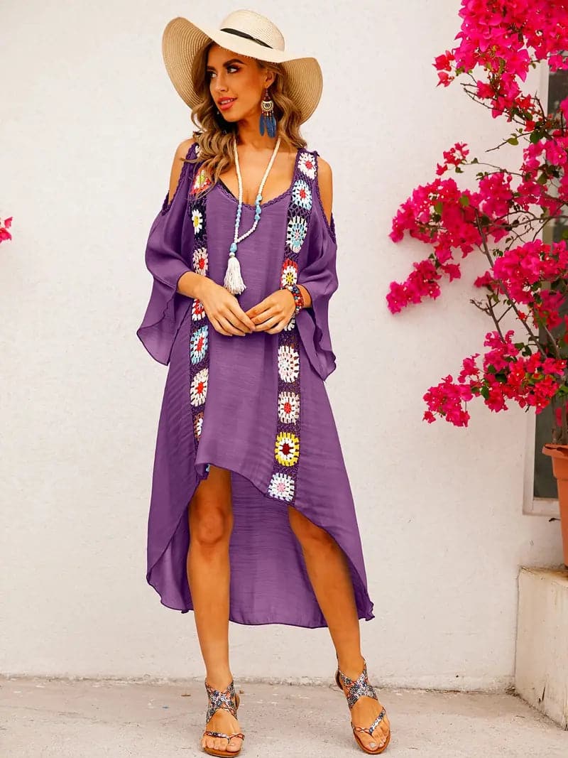 Women's Dress - Bohemian Style - Asymmetric Cut - Cold Shoulder - Light and Airy