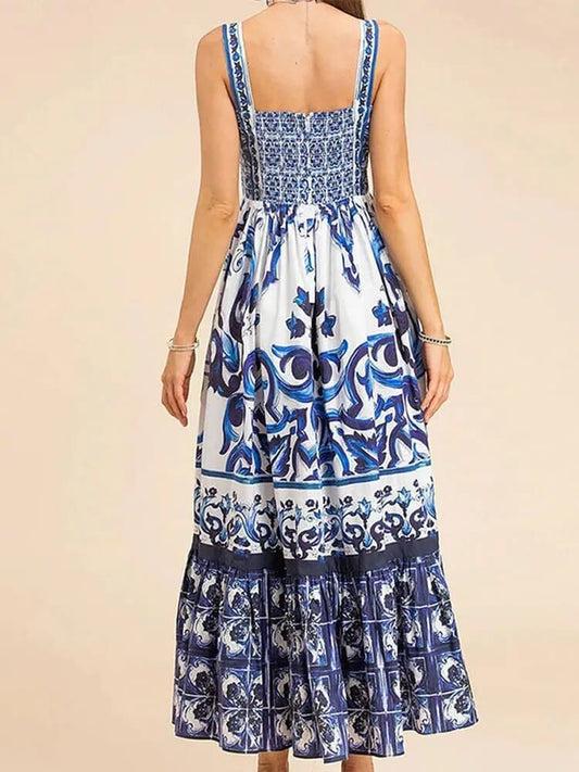 Women's Dress - Sleeveless Smock Top - High Waist - Flowing Layered Skirt - Boho Pattern