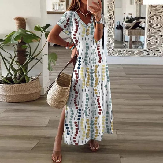 Elodie - Colorful Long Dress with V-Neckline
