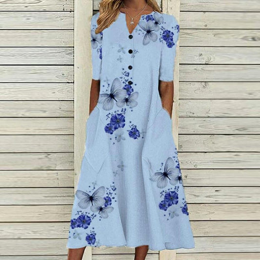 Women's Dress - V-neck - Button Closure - Short Sleeves - Loose Fit - Floral Summer Look